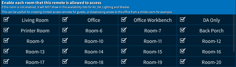 Available Rooms per Touch Screen Remote