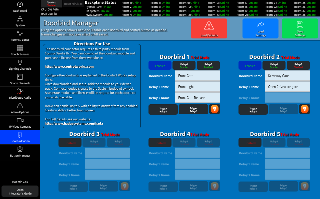 The HADA Admin Doorbird Video Doorbell Settings Page