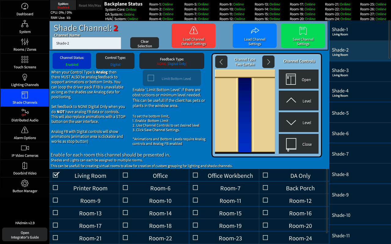 The HADA Admin Shade Channel Settings